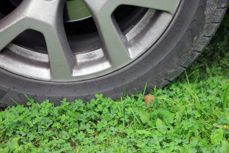 fragment of car wheel with black tire is on the green grass closeupの写真素材