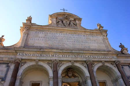 best facade of beautiful medieval old roman catholic cathedral with texts in latin with columns and porticoのeditorial素材