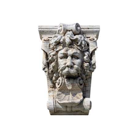 medieval roman stone sculpture  in form of lion head with his tongue hanging out  isolated on white...