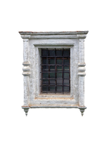 white plaster block window frame with bars in old russian style isolated on white background closeup