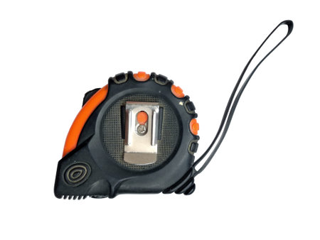 small construction black plastic tape measure side view with strap isolated on white background...