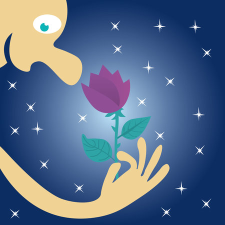 A man hold a flower in his hand and inhales its fragrance at night under the starsのイラスト素材