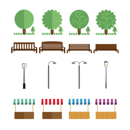 Elements of the park, benches, lights, market tent, shall in different colorsのイラスト素材