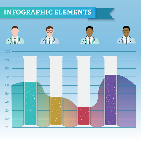 Beakers with liquids that form the graph gradient. Material design. Doctors different races. Infographicのイラスト素材