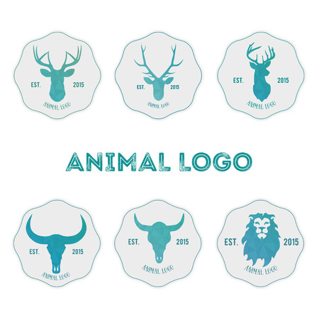 Polygonal hipster logo with heads of deer, buffalo and lion in mint color with gradient.のイラスト素材
