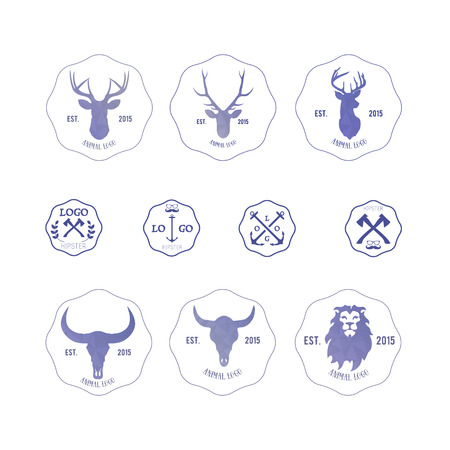 Polygonal hipster logo with heads of deer, buffalo and lion in violet color with gradient.のイラスト素材