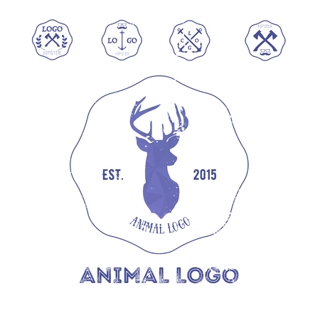 Polygonal hipster logo with head of deer in violet color with gradient.のイラスト素材