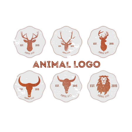 Hipster retro logotype with head of deer, lion and buffalo.のイラスト素材