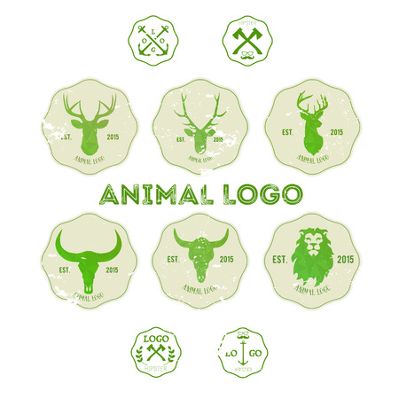 Hipster retro logotype with head of deer, lion and buffalo.のイラスト素材
