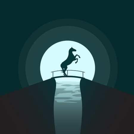Silhouette of a horse standing on its hind legs on the bridge at night.のイラスト素材