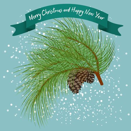 Green fur-tree branch with cones under snow.のイラスト素材