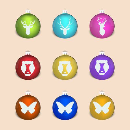 Set of christmas decoration ball with monkey, deer, butterflyのイラスト素材