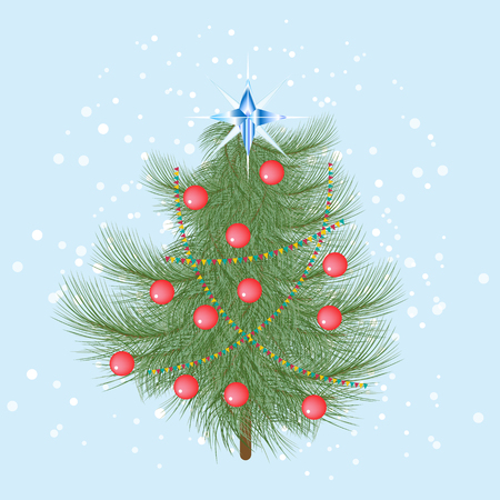 Furry Christmas tree with red balls and a crystal star on top.のイラスト素材