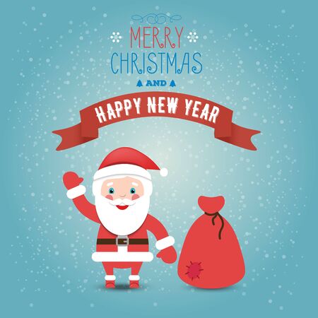 Greeting card Merry Christmas and happy new year with Santa claus and bag with gifts. Flat style.のイラスト素材