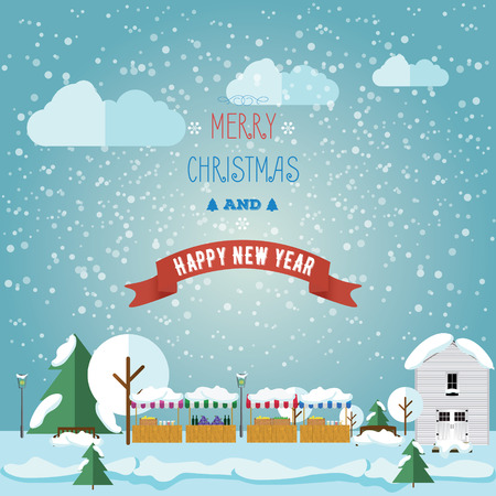 Inventation card Merry Christmas and happy on Christmas market, fair. Flat style.のイラスト素材