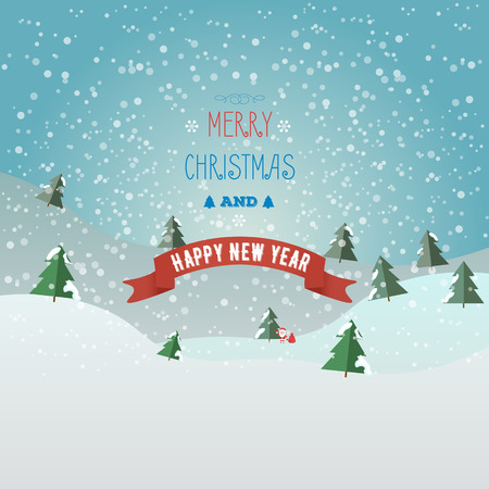 Greeting card Merry Christmas and happy new year with Santa claus and bag with gifts. Christmas tree in the snow. Flat style.のイラスト素材