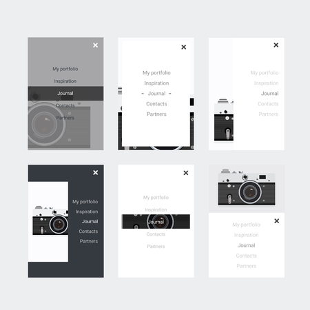 Minimalistic hipster UI Kit for designing responsive websites, mobile apps & user interface.  Old camera on background. Monochrome and flat ui kit for site of photographer.のイラスト素材