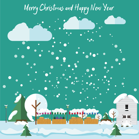 Winter in the city, it is snowing, Christmas Fair. Christmas and New Year card in flat styleのイラスト素材