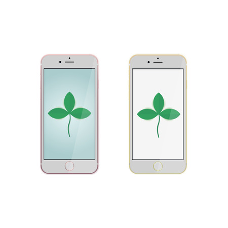Realistic mobile phone or smartphone mockups with pink and golden bumper and blank screen isolated on white background for printing and web element, game and application mockupのイラスト素材