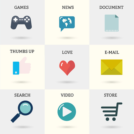 Icons set of internet instruments: document, mail, online shop, video, search, thumbs up, games, news in flat style with shadows.のイラスト素材