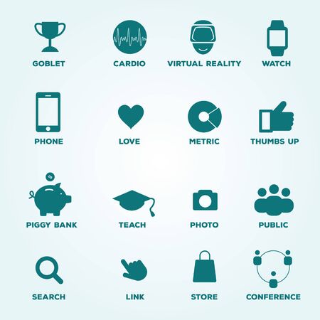 Set of icons goblet, cardio, virtual reality, watch, phone, love, metric, thumbs up, piggy bank, teach, photo, public, search, link, store, conference.のイラスト素材