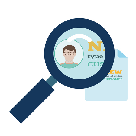 Magnifier enlarges the document on which is the person in glasses in flat style.のイラスト素材