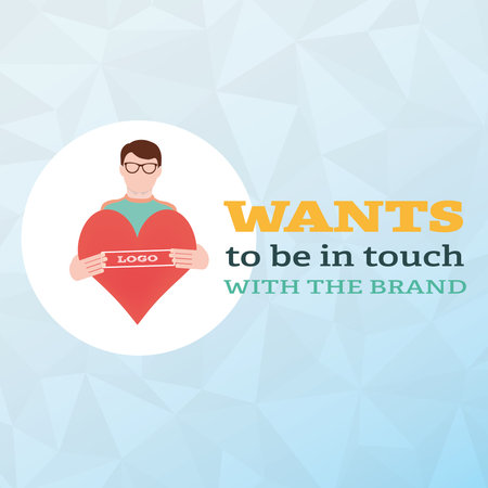 Serious man in sweater and in glasses holds a big red heart in a flat style. Love the brand...