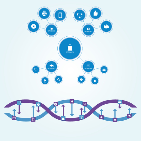 Flowchart scheme of circles of different sizes connected by straight lines in flat style. Interaction is depicted as chain of DNA. Infographics.のイラスト素材