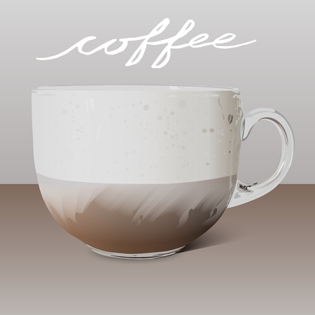 Realistic transparent glass cup of cappuccino and hand written quote Coffee.のイラスト素材