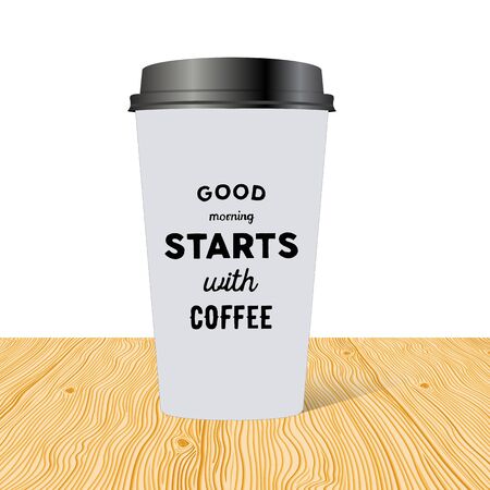 Plastic cup of coffee with hand drawn inscription: Good morning starts with coffee.のイラスト素材