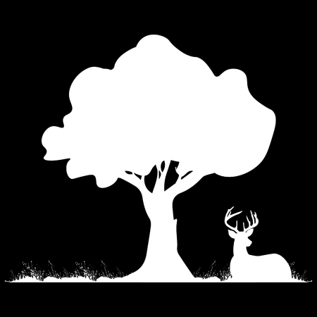 Silhouette of deer lying under tree on the grass.のイラスト素材