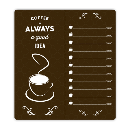 Coffee card with coffee cup on brown background and hand written quote Coffee is always good idea.のイラスト素材