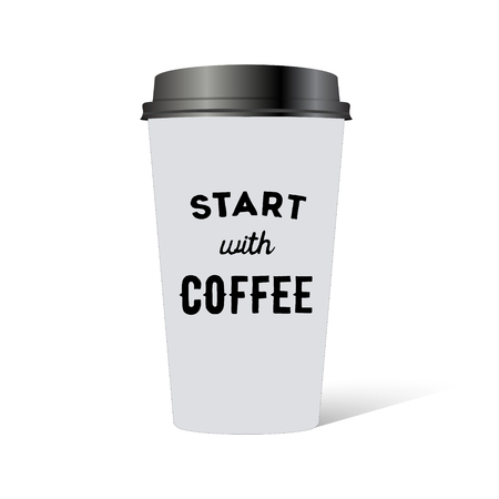 Plastic cup of coffee with hand drawn inscription: Start with coffee.のイラスト素材