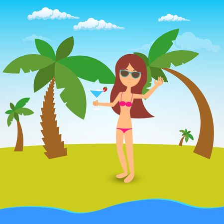 Pretty girl with long brown hair in bikini on the beach under palm trees with drink in her hand in flat style.のイラスト素材