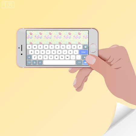 Female hand holding a smart phone horizontally. Demonstration device, horizontal screen.のイラスト素材