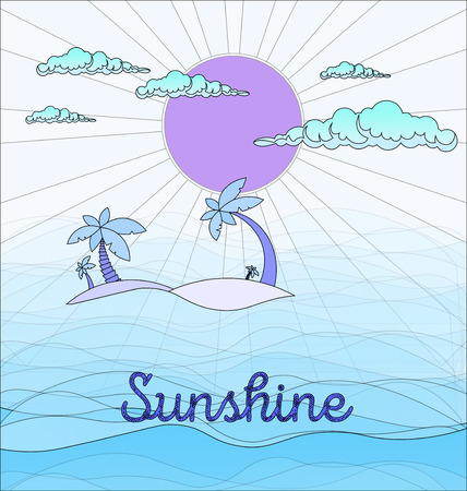 Summer beach scene: sun, clouds in the sky, palms, abstract waves of the sea.のイラスト素材