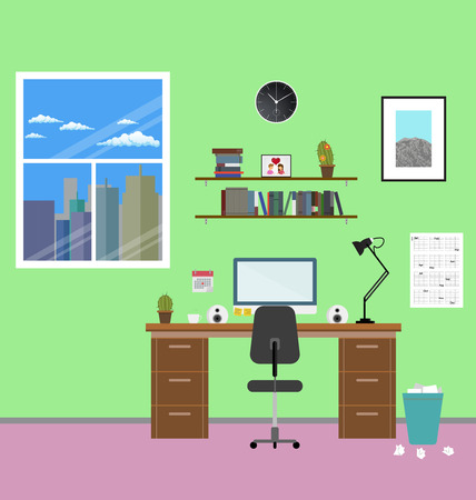 Cozy modern workplace near the window in room. Flat style. Creative office workplaceのイラスト素材