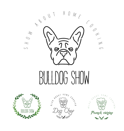 Set of icon with french bulldog and twigs. Nanolne styleのイラスト素材