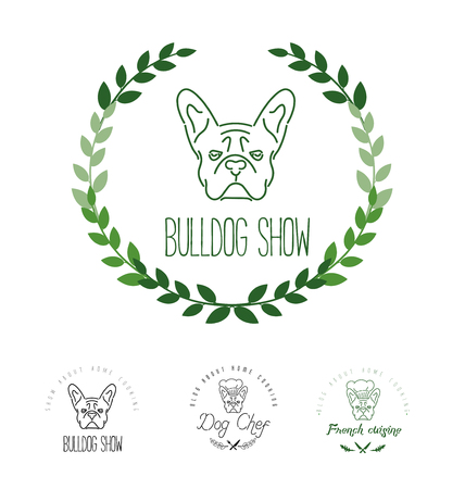 Set of icon with french bulldog and twigs. Nanolne styleのイラスト素材