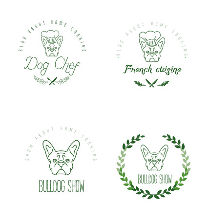 Set of icon with french bulldog and twigs. Nanoline styleのイラスト素材