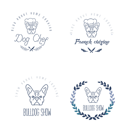 Set of icon with french bulldog and twigs. Nanoline styleのイラスト素材