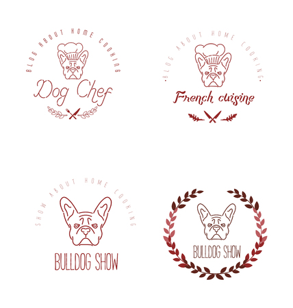 Set of icon with french bulldog and twigs. Nanoline styleのイラスト素材