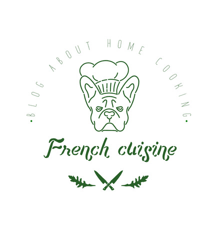 icon with french bulldog in chef's hat and twigs, chef's knifes around. Nanoline styleのイラスト素材