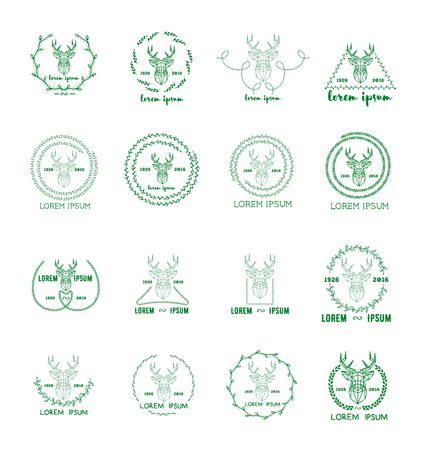 Set of polygonal hipster icon with head of deer and twigs around.のイラスト素材