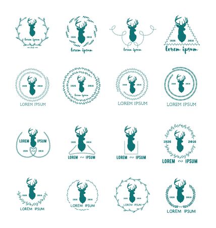 Set of hipster icon with silhouette of deer and twigs aroundのイラスト素材