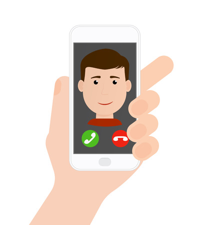 Incoming call from boy/man on phone in hand, flat vector.のイラスト素材