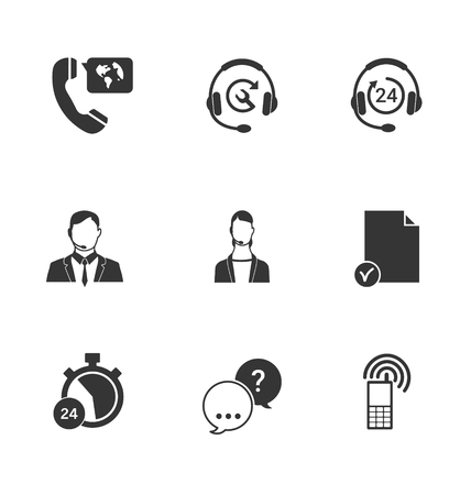 Set of call center and support service icons: hotline, contact center, contacts mobile phone and communication isolated vector illustration.のイラスト素材