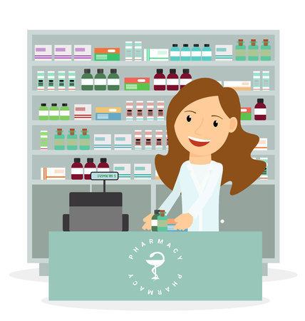 Modern flat vector illustration of a female pharmacist showing medicine description at the counter in a pharmacy opposite the shelves with medicines. Health care. Vector illustrationのイラスト素材