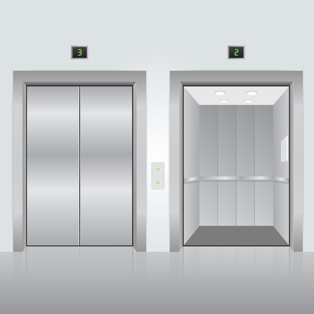 Realistic chrome opened and closed elevator doors in office building. Vector illustration.のイラスト素材