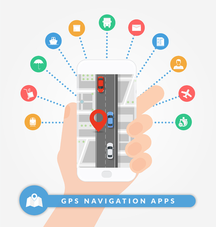 GPS navigation apps on mobile phone. Road navigation concept with city map, pin and road with cars. Flat vector illustration. Set of logistic and shipping iconsのイラスト素材